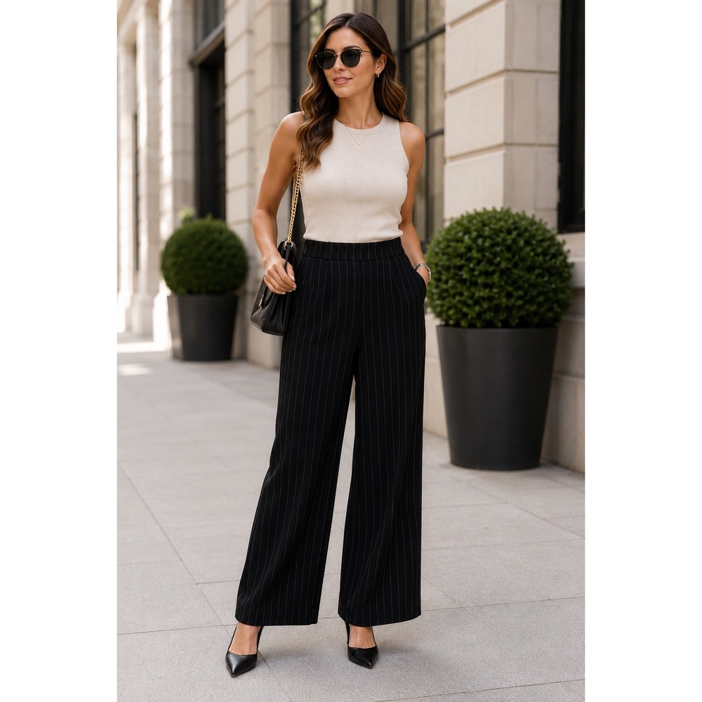 ZARA Wide Leg Pinstripe Pants Womens M Black Pull On Elastic Waist Office Career